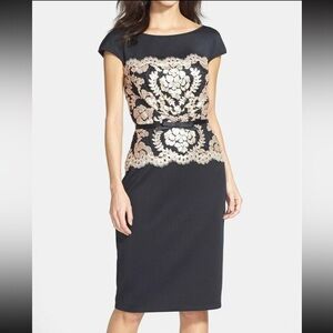 Tadashi Shoji Black Dress with Gold Floral Accents